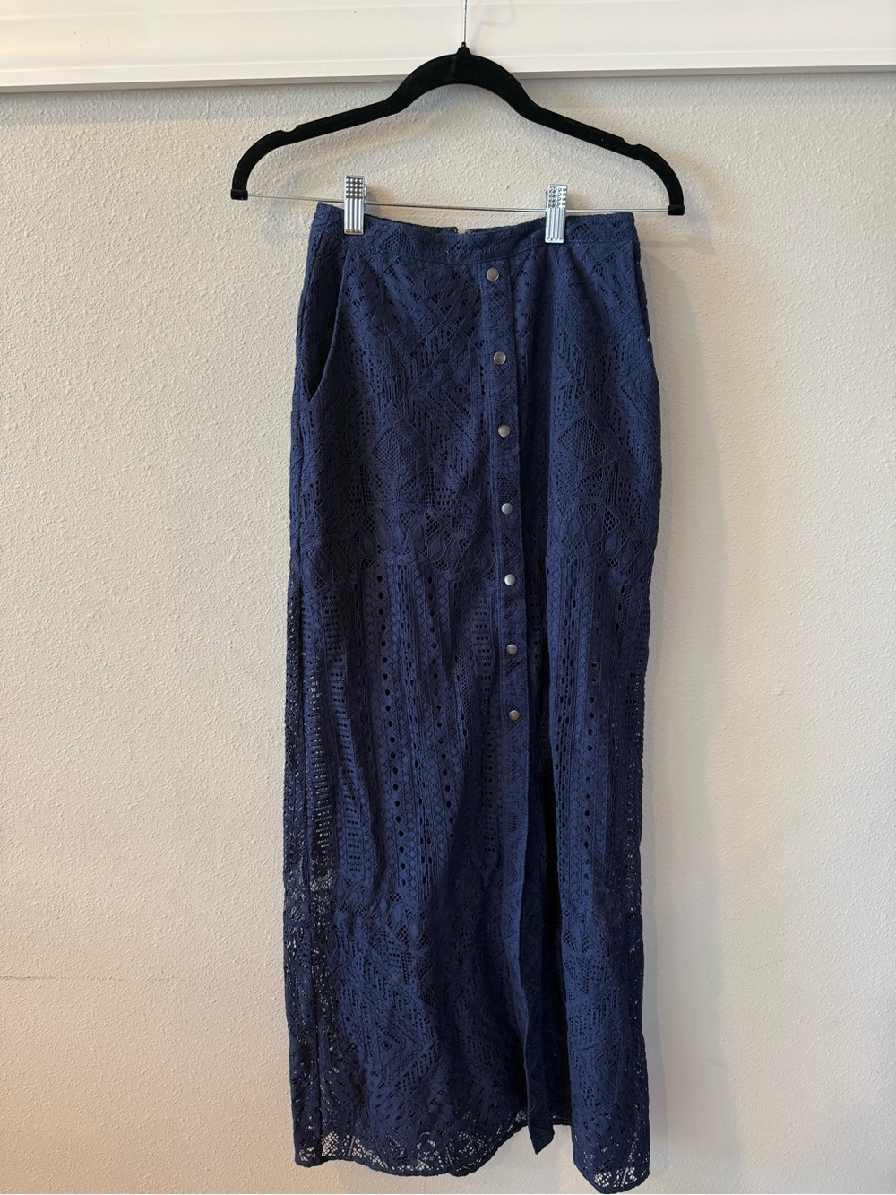 BCBGMaxAzria Navy Eyelet Button-Front Maxi Skirt